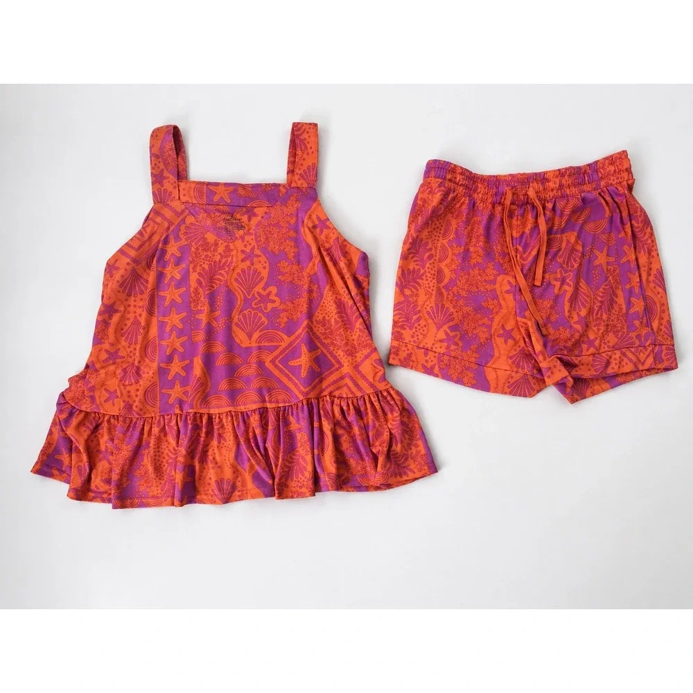 Cuddl Duds 2 Piece Coastal Print Peplum Tank Top Shorts Set Size Small